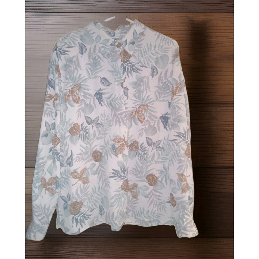 Vtg Sz 18 Alfred Dunner Green Brown Grey Botanical Leaf Print Long Sleeve Blouse